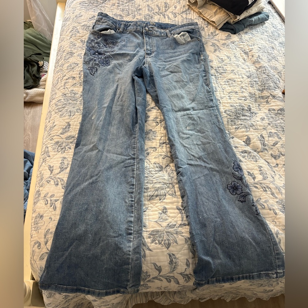 Floral Embroidered Blue Flare Jeans